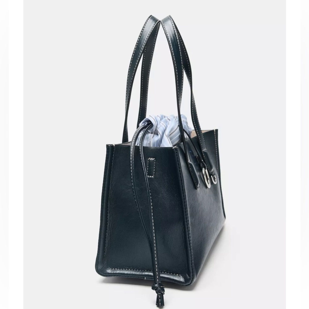 Zara NWT dark navy blue top handle faux leather shopper bag removable straps - Picture 4 of 6